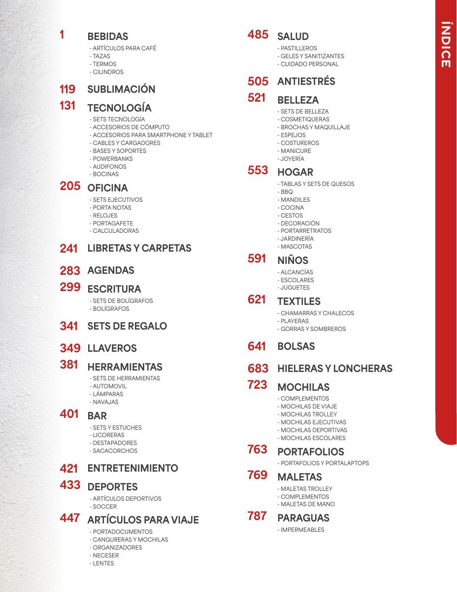 Índice del catálogo general de productos promocionales