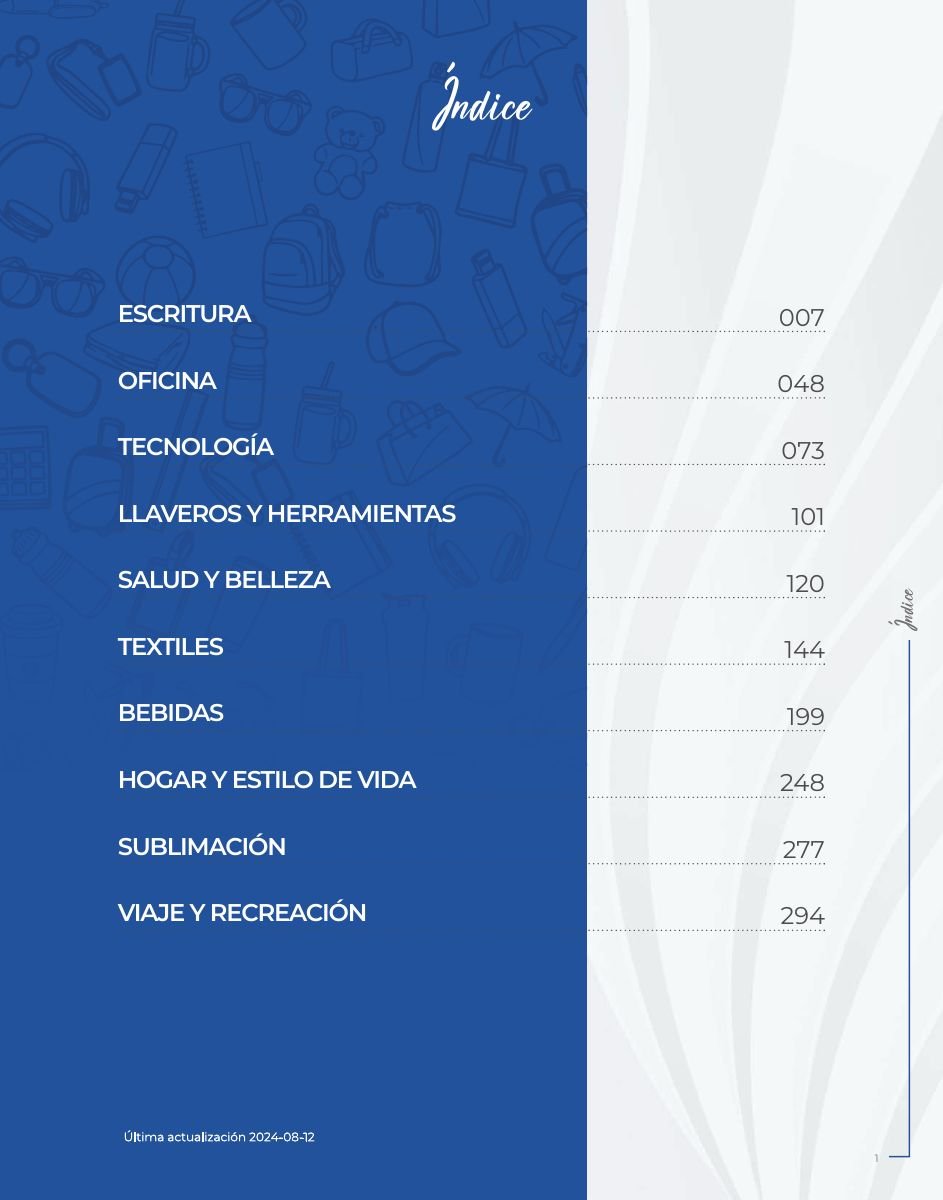 Índice del catálogo de regalos corporativos